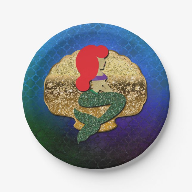 Red Haired Mermaid Golden Seashell Birthday Party Paper Plate (Front)