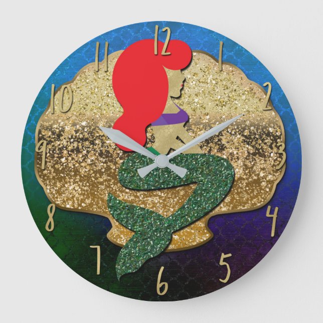 Red Haired Mermaid Golden Seashell Large Clock (Front)