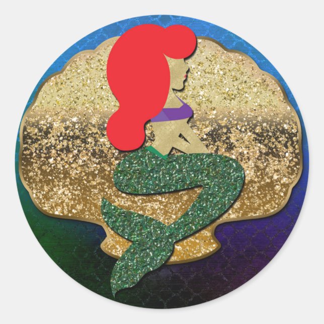 Red Haired Mermaid Golden Seashell Party Favour Classic Round Sticker (Front)