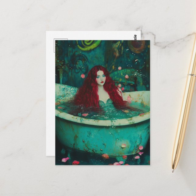 Red Haired Mermaid in a Bathtub Postcard (Front/Back In Situ)