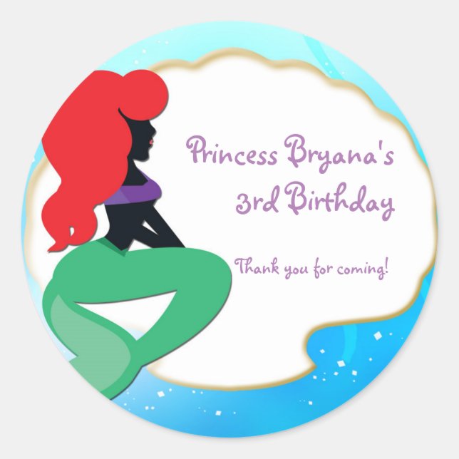 Red Haired Mermaid Sea Birthday Party Sticker (Front)