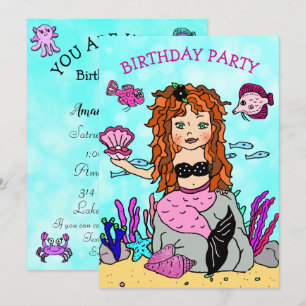 Red Haired  Mermaid Under the Sea Birthday Party Invitation