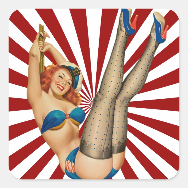 Red Haired Pin-up Girl Retro Sunset Square Sticker (Front)
