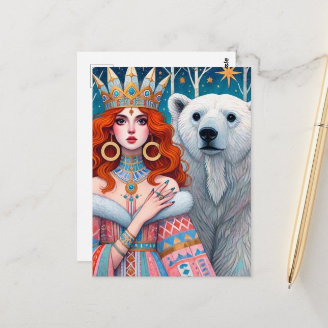 Red Haired Princess and the Polar Bear  Postcard (Front/Back In Situ)