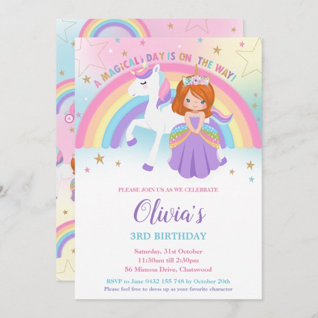 Red Haired Princess Unicorn Birthday Rainbow    Invitation (Front/Back)