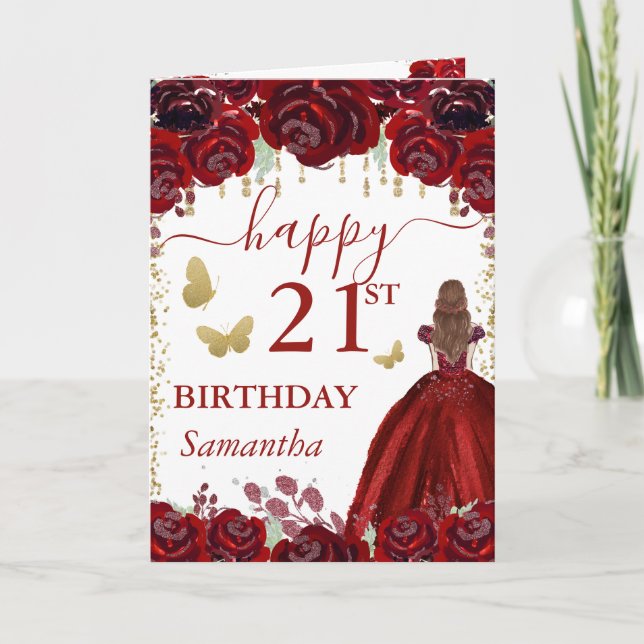 Red Haired Rose Princess 21st Birthday Card (Front)