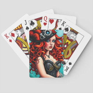 Red Haired Steampunk Woman Playing Cards