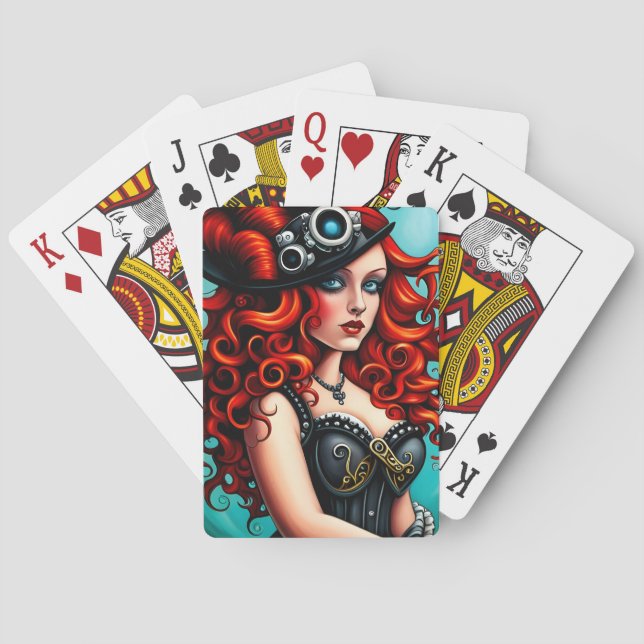Red Haired Steampunk Woman Playing Cards (Back)