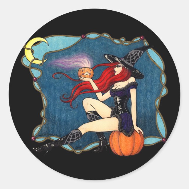 Red-haired Witch Halloween Classic Round Sticker (Front)