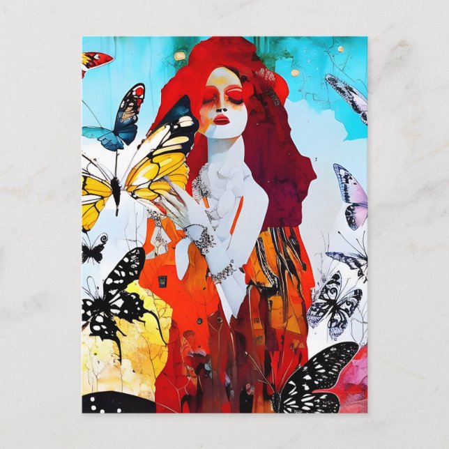 Red Haired Woman and Butterflies Mixed Media Postcard (Front)