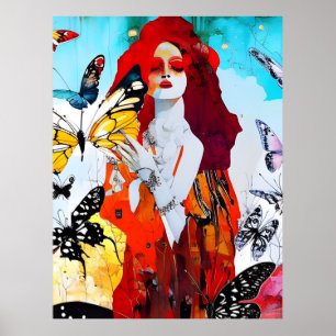 Red Haired Woman and Butterflies Mixed Media Poster