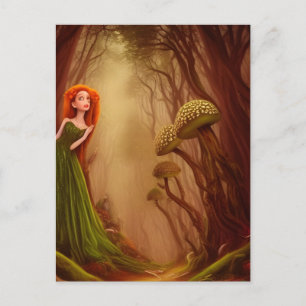 Red Haired Woman in a Mushroom Forest Fantasy AI  Postcard