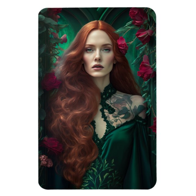 Red-haired Woman In Emerald Green Dress. Magnet (Vertical)