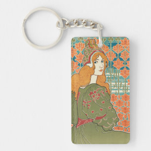 Red Haired Woman Orange Lilies Vintage Art Print Key Ring