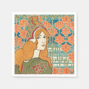 Red Haired Woman Orange Lilies Vintage Art Print Napkin