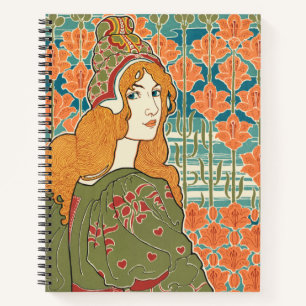 Red Haired Woman Orange Lilies Vintage Art Print Notebook