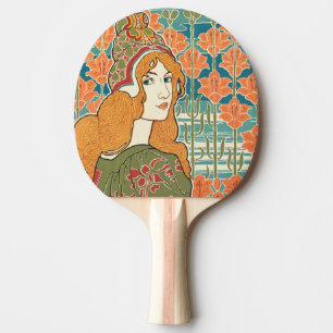 Red Haired Woman Orange Lilies Vintage Art Print Ping Pong Paddle