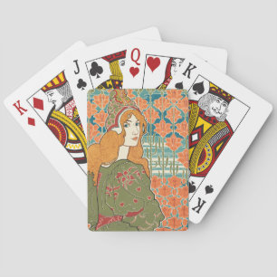 Red Haired Woman Orange Lilies Vintage Art Print Playing Cards