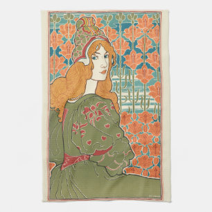 Red Haired Woman Orange Lilies Vintage Art Print Tea Towel