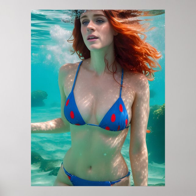 Red Haired Woman Polka Dot Bikini Underwater Photo Poster (Front)