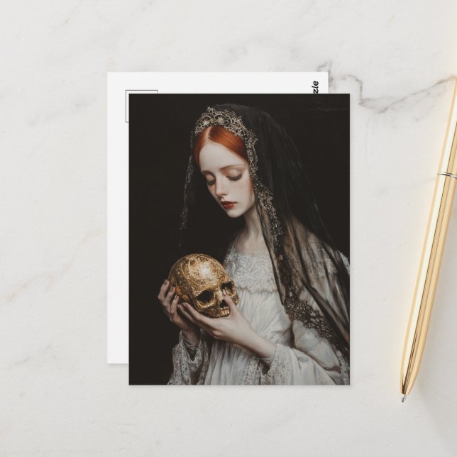 Red haired Woman With a Gold Skull Postcard (Front/Back In Situ)