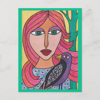 Red Haired Woman with Bird Postcard