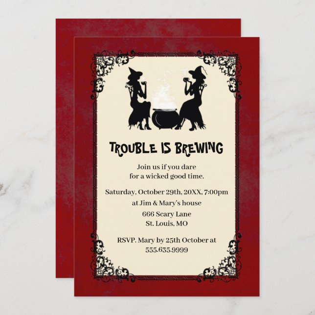 Red Halloween Witch Trouble Is Brewing Party Invitation (Front/Back)