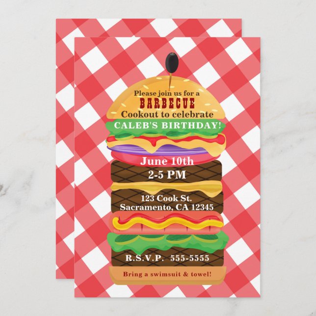 Red Hamburger Summer Cookout Barbecue Invitations (Front/Back)