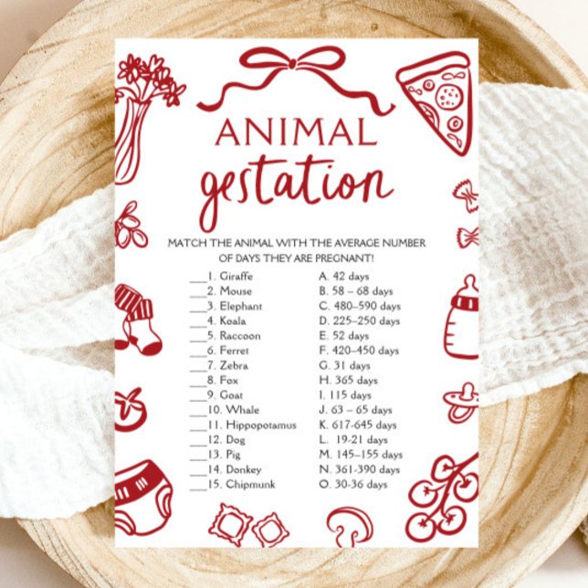 Red Hand Drawn Animal Gestation Baby Shower Game Invitation (Red Hand Drawn Animal Gestation Baby Shower Game)