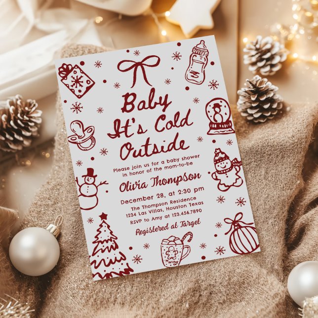 Red Hand Drawn Baby It's Cold Outside Baby Shower Invitation (Creator Uploaded)