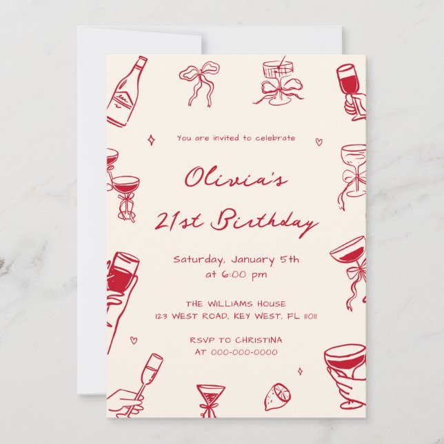 Red Hand Drawn Birthday Party Invitation (Front)