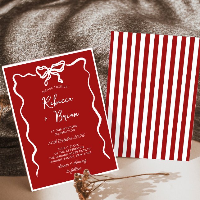 Red Hand Drawn Bow Ribbon Sketch Wedding Invitation (Creator Uploaded)