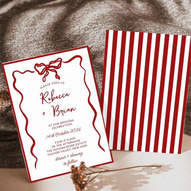 Red Hand Drawn Bow Ribbon Sketch Wedding Invitation (Creator Uploaded)