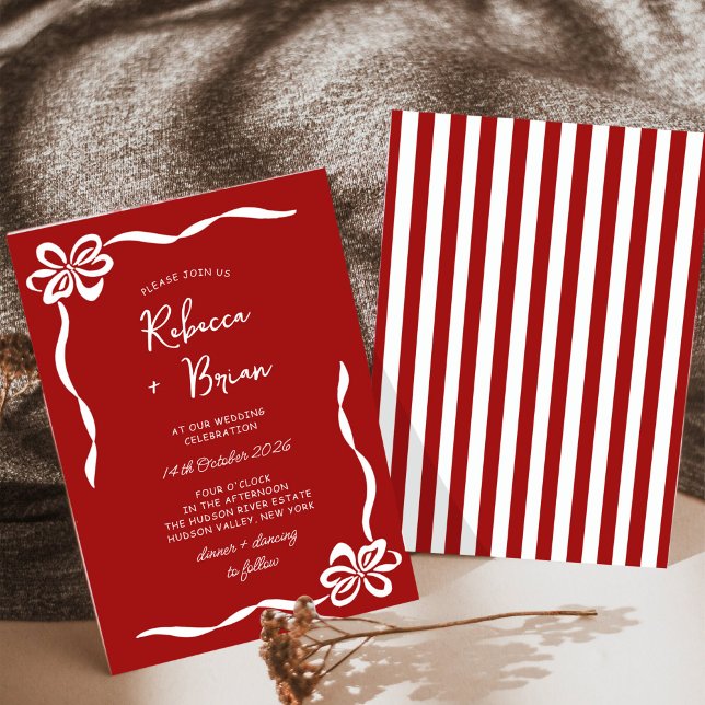 Red Hand Drawn Bow Ribbon Sketch Wedding Invitation (Creator Uploaded)