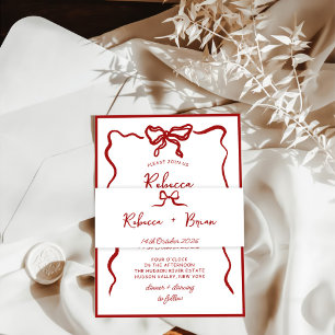 Red Hand Drawn Bow Ribbon Sketch Wedding Invitation Belly Band