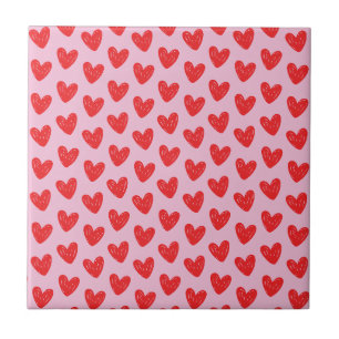 Red Hand-Drawn Doodle Hearts Pattern on Pastel Pin Ceramic Tile