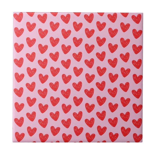 Red Hand-Drawn Doodle Hearts Pattern on Pastel Pin Ceramic Tile (Front)