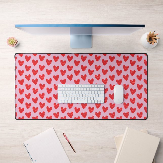 Red Hand-Drawn Doodle Hearts Pattern on Pastel Pin Desk Mat (Office 1)