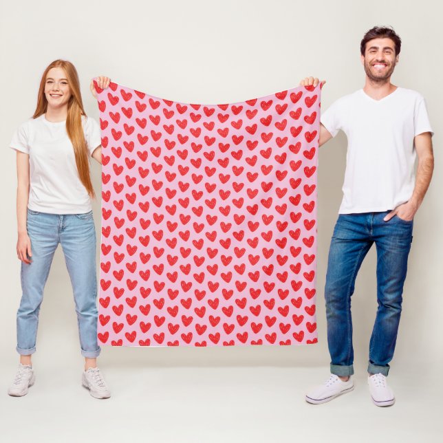 Red Hand-Drawn Doodle Hearts Pattern on Pastel Pin Fleece Blanket (In Situ)