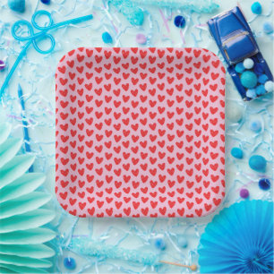 Red Hand-Drawn Doodle Hearts Pattern on Pastel Pin Paper Plate