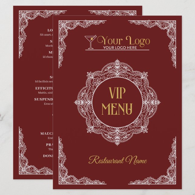 Red Hand-drawn Elegant Ornate Your Logo VIP Menu (Front/Back)