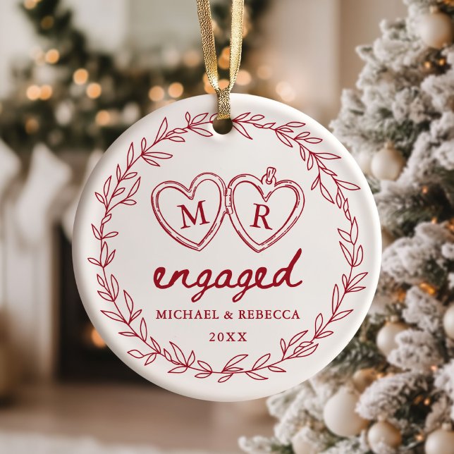 Red Hand Drawn Engaged Christmas Ceramic Ornament (Creator Uploaded)