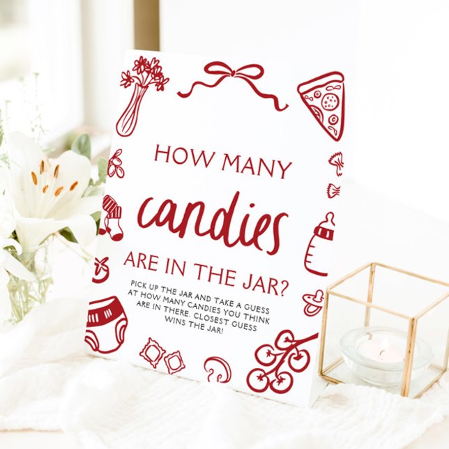 Red Hand Drawn Guess How Many Candies Baby Shower  Pedestal Sign (Red Hand Drawn Guess How Many Candies Baby Shower Pedestal Sign)