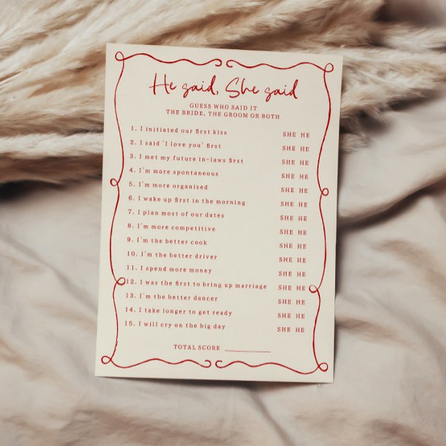 Red Hand Drawn He said She said Bridal Shower Card (Creator Uploaded)