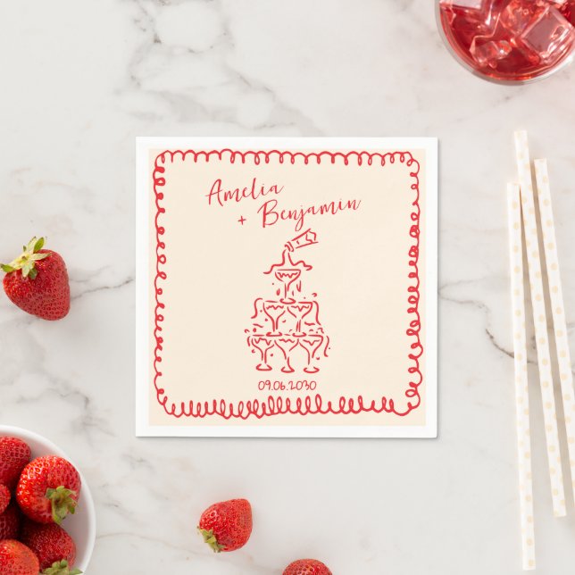 red hand drawn heart whimsical wedding napkin (Insitu)