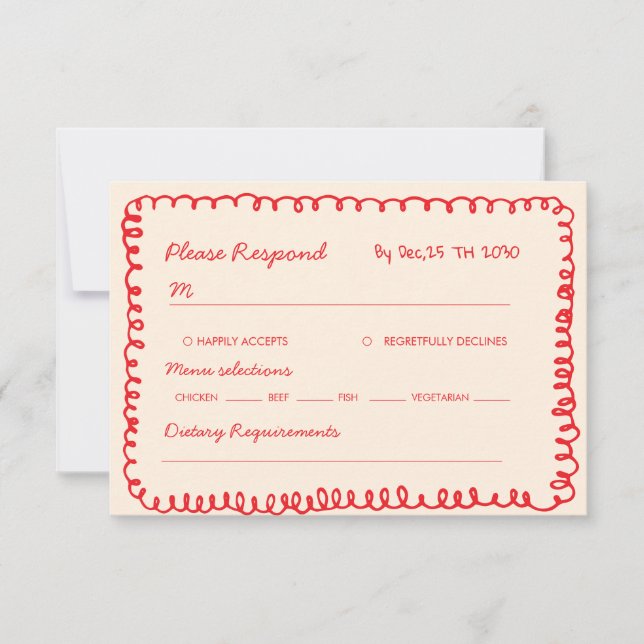  red hand drawn heart whimsical wedding RSVP card (Front)
