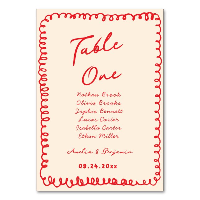 red hand drawn heart whimsical wedding table number (Front)