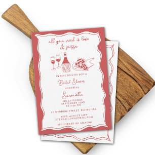 Red Hand Drawn Italian Pizza Wine Bridal Shower Invitation