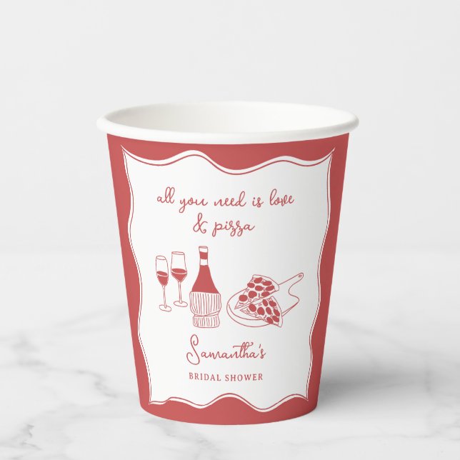 Red Hand Drawn Italian Pizza Wine Bridal Shower Paper Cups (Front)