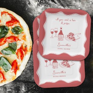 Red Hand Drawn Italian Pizza Wine Bridal Shower Paper Plate